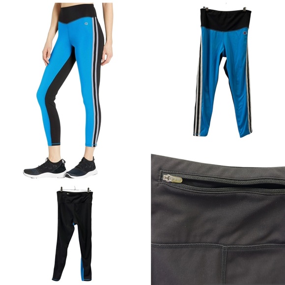 Champion Sport High Rise Tight Athletic Pants Legging Blue Black Striped Medium - Picture 1 of 8